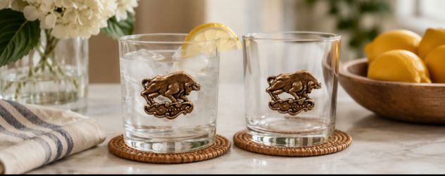 Vintage zodiac-themed highball tumblers, in the style of Culver, Taurus Bull