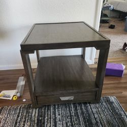 Brown Wood Large Side Table With Interesting Corner Design