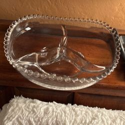 Vintage Imperial Glass Ohio Candlewick Clear pattern clear glass 3 toed 3 part relish dish. Discontinued. 1936 to 1984
