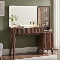 48" Fluted Makeup Vanity Desk with Large 36" Mirror and Lights, Modern Glass Top Big Vanity Table w/5 Drawers & Adjustable Shelves, Dressing Table w/C