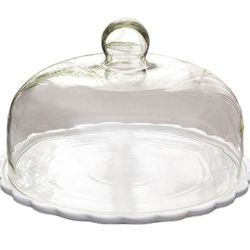 PRETYZOOM Ceramic Cake Stand with Lid Glass Dome Cake Cover 9 Inch Dessert Server Clear Cupcake Stand Food Serving Tray for Home Restaurant Party