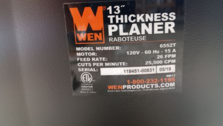 WEN  PLANER  13".   15   AMP.     Model number 6552T