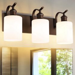 3-Light Bathroom Vanity Light,White Frosted Glass,Oil Rubbed Bronze 19.6 Inch Over Mirror