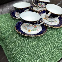 Tea Set For 4.  With Flowers, Blue, , White , And Gold
