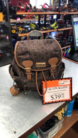 1003 Calvin Klein Brown/Khaki Monogram Drawstring Backpack W/ Tags 583788
