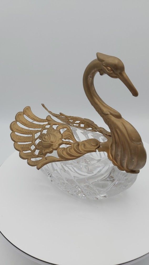 Beautiful Vintage 2-Piece Crystal & Brass Swan Master Salt Cellar 