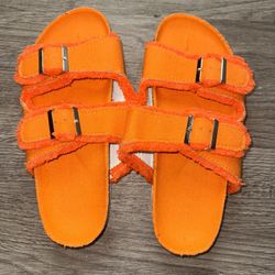 Bright Orange Frayed Buckle Slides – Size 8