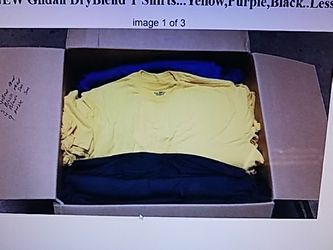 Brand new. Gildan dry blend t-shirts... Yellow purple black 164 shirts total for $150