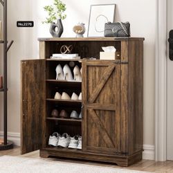 6-Tier Shoe Cabinet with Doors, Entryway Shoe Rack Wooden Shoe Storage Cabinet with Adjustable Shelves & Anti-tip Fitting, Farmhouse Shoe Cabinet Stor