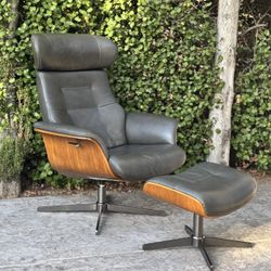 Mid Century Modern Leather Recliner Reclining Lounge Chair & Ottoman