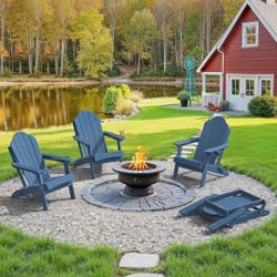 Set of 4 Folding Adirondack Chair, Chairs, Cup Holder, Woodgrain, Fire Pit, Patio, Pool, Blue