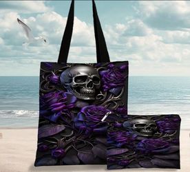2pcs Set Of Silvery Skull Roses Butterfly Dark Tote Bag/ Beach Bag with Makeup Bag Stylish Portable Shopping Bag