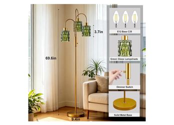 70” Gold 3-Light Green Glass Floor Lamp – Dimmable Modern Standing Lamp