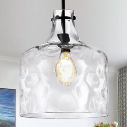 Black Farmhouse Pendant Light 16" Hammered Glass Hanging Lamp