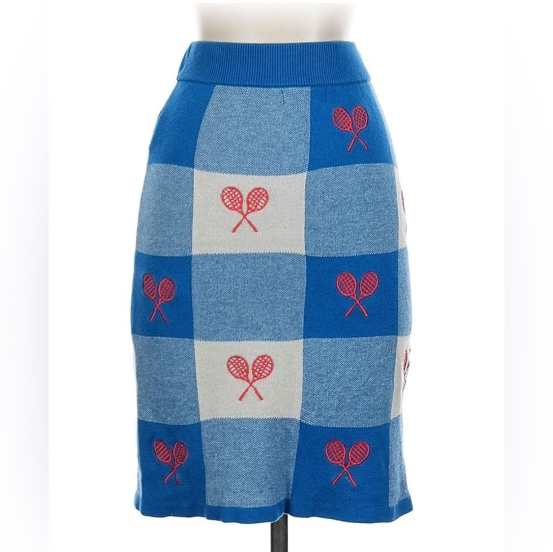 Blue Checkered Tennis Racket Motif Pencil Skirt 