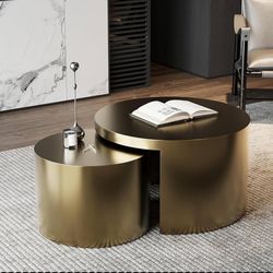 Nesting Coffee Table, Brushed Gold Coffee Table for Living Room, Brass Round Coffee Tables 2 in 1