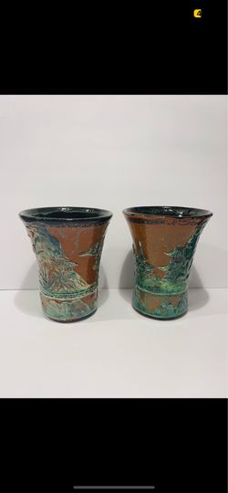 Vintage Art Ceramic Pottery Asian Motif Glazed Vases - Set of 2