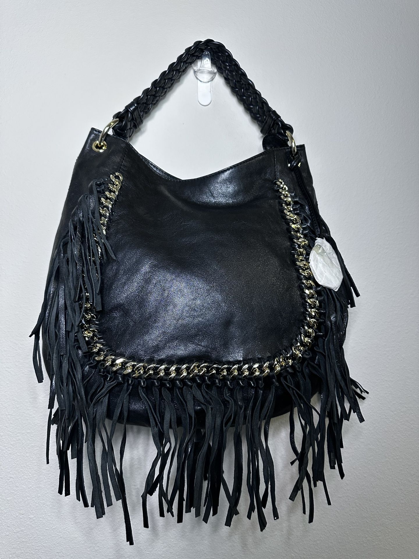 NWT Michael Kors Vienna Hobo Bag Purse Black Leather Fringe Gold Hardware