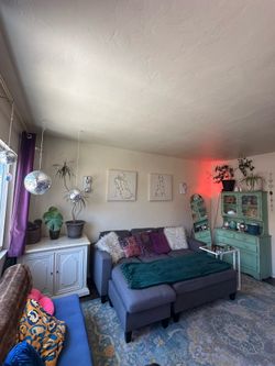 Moving sale: small L sectional with chaise, futon, plants, decoration