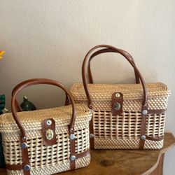 Vintage Wicker Rattan Basket Purse / Top Handle Wicker Box Tote / Wicker Handbag