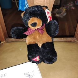 Rare DAKIN Plush 6” Soft Shaggy Black Tan Teddy Bear w/ Plaid Bow 1994 Vtg