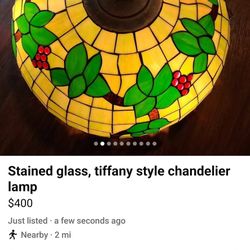 Vintage  Tiffany Style Stained Glass Hanging Lamp 