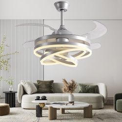 42" Invisible Ceiling Fan Chandelier Light,Modern DIY Ceiling Fan Light Remote Control 4 Retractable ABS Blades for Bedroom Living Dining Room Decorat