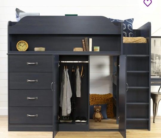 Twin bed with a desk and play or storage area. In excellent condition. Mattress not included.
