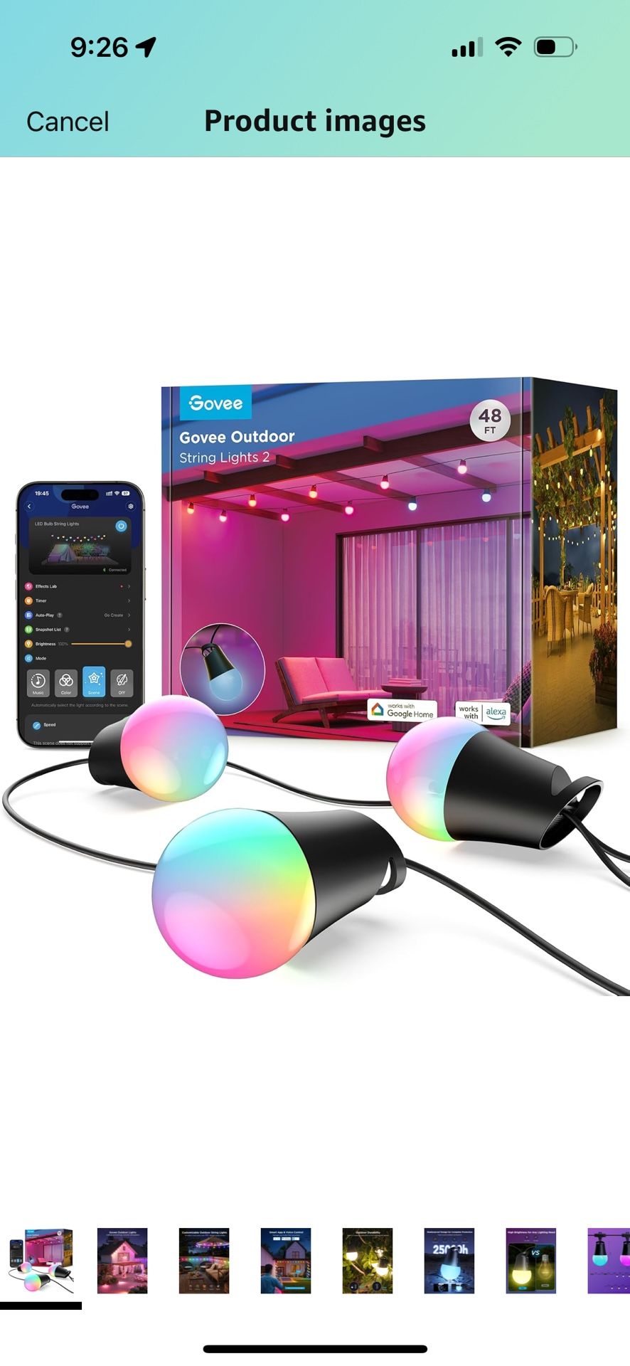 Govee Smart Outdoor String Lights 2 48ft RGBIC Outdoor Lights with Dimmable Warm White LED Bulbs for Valentine's Day Scene Modes for Patio Backyard