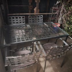 Glass Table - Metal Chairs With 4 Cushions