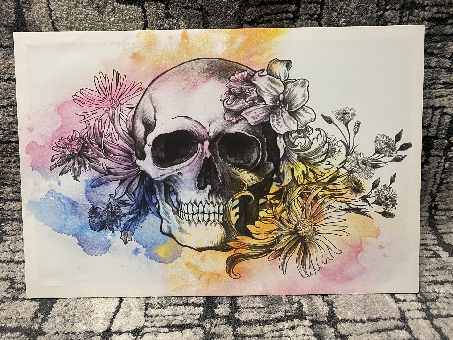 Skull & Flowers Watercolor Canvas Print – Gothic Boho Wall Art 🌸💀