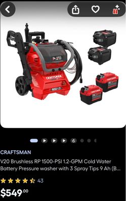 Craftsman V20 Battery Pressure Washer 1500-PSI
