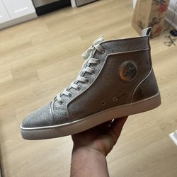 NIB LOUBOUTIN BIP BIP SILVER ORLATO FLAT LUREX LEATHER HI TOP SNEAKERS