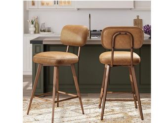 Modern Upholstered Counter Height Bar Stool Set of 2 with Backrest and Wood Legs. Brown