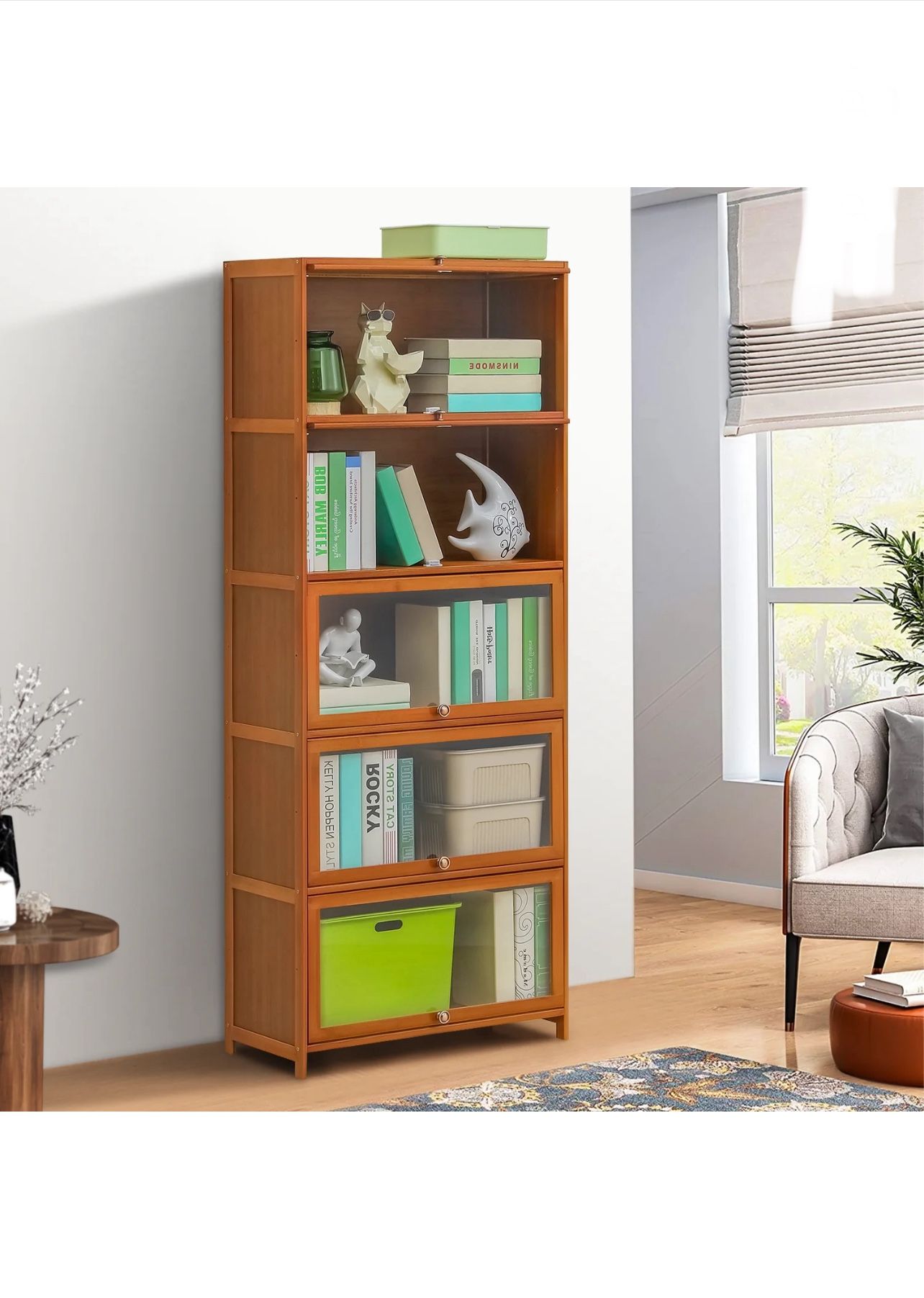 Bamboo/Acrylic 5 Shelves Bookcase with Door, Display Storage Rack, Brown, for Living Room, New in Box