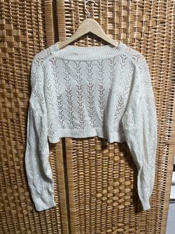 White Cropped Open-Knit Sweater