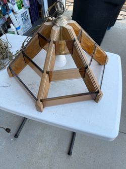 vintage 1970s wood and amber-tinted glass geometric octagon pendant light fixture MCM
