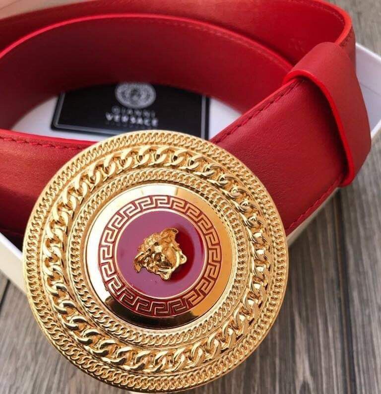 NWT Versace Red leather gold round medallion buckle size 95/38 fits 30-34 waist Gucci belt
