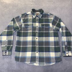 Orvis Flannel Size Large Shirt Tartan Plaid Blue Green Button Up Heavyweight