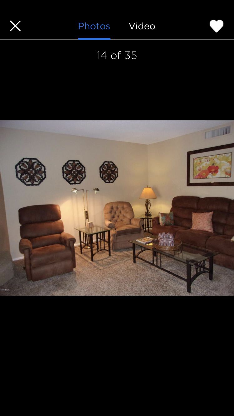 Reclining sofa, reclining chair, 2 end tables, coffee table and sofa table