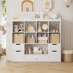 48"W Kids Toy Storage Organizer, Large Toy Storage Chest with Removable Bins, 46"H Kids Bookshelf and Bookcase with Drawers for Boys and Girls, Modern