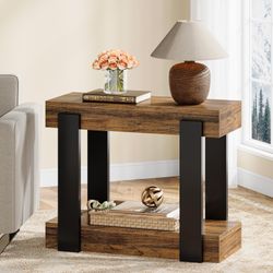 Tribesigns End Table, 2-Tier Narrow Side Table for Living Room, Farmhouse Rectangle Bedside Tables with Storage Shelf for Bedroom, Rustic Brown