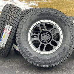 Set of 5 17” Wheels 5x127 Jeep Rims JK Gladiator JL Wrangler A/T 33” Tires Rubicon Black Silver Sahara