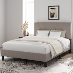 🔥King Size Bed Frame w/ Adjustable Headboard, No Box Spring Needed, Beige Linen Fabric