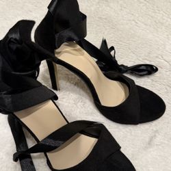 Women’s Black Satin Heels With Ankle Bow Stilleto Pump 