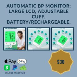 Automatic BP Monitor: Large LCD, Adjustable Cuff, Battery/Rechargeable