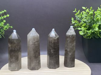 (4) Natural Smokey Quartz Towers 368g 3.6”-3.4”