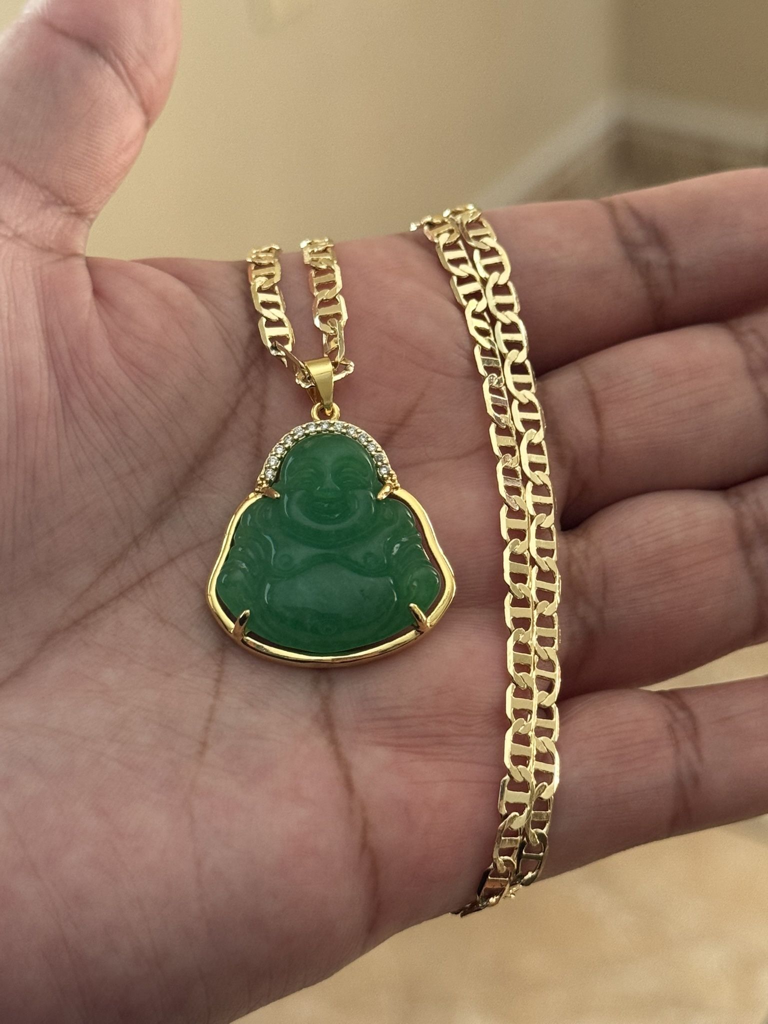 Green Buddha Pendant with 22 Inch Mariner Necklace
