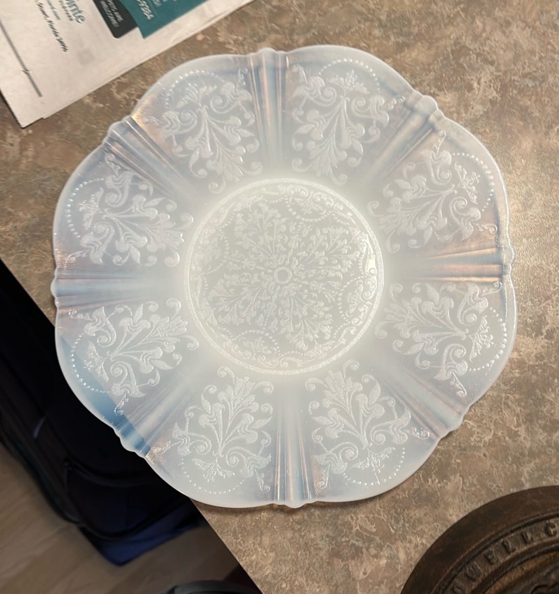 Antique Milk Glass Dinner Plate With Etching
