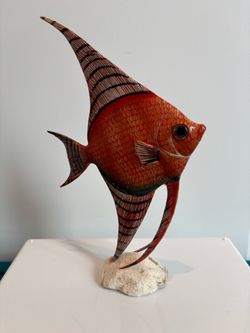 Tropical Angelfish Figurine on coral base—carved wood decoration